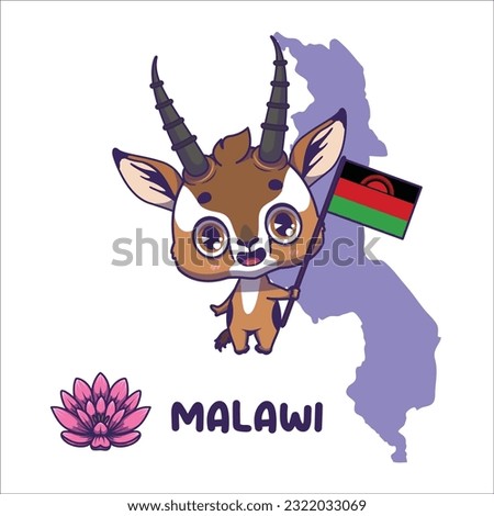 National animal Thomson's Gazelle holding the flag of Malawi. National flower lotus displayed on bottom left