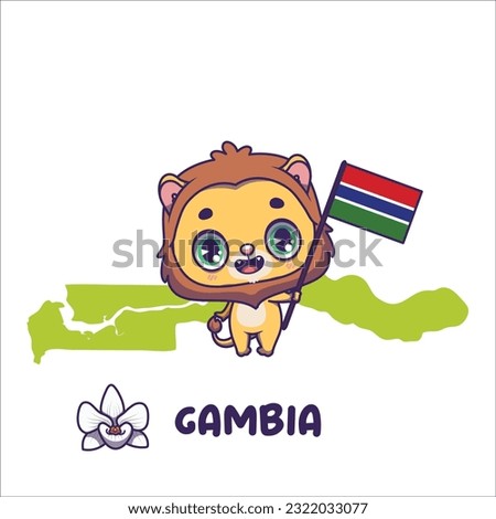 National animal lion holding the flag of Gambia. National flower white variety orchid displayed on bottom left