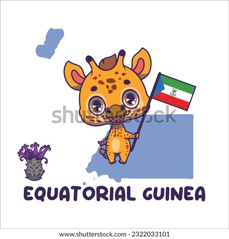 National animal giraffe holding the flag of Equatorial Guinea. National flower vernonia djalonensis displayed on bottom left