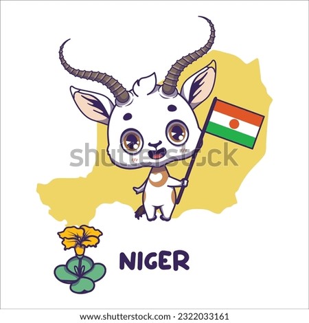 National animal gazelle holding the flag of Niger. National flower costus spectabilis displayed on bottom left