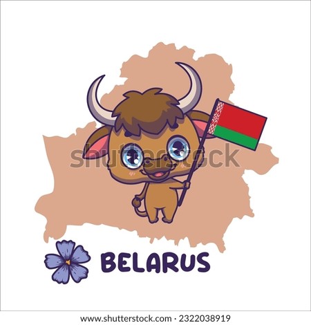 National animal bison holding the flag of Belarus. National flower common flax displayed on bottom left