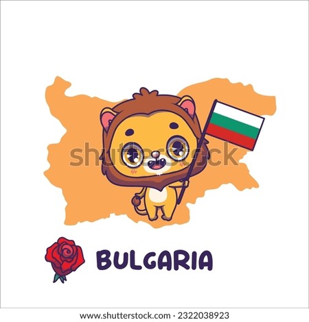National animal lion holding the flag of Bulgaria. National flower red rose displayed on bottom left