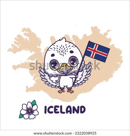 National animal gyrfalcon holding the flag of Iceland. National flower mountain avens displayed on bottom left