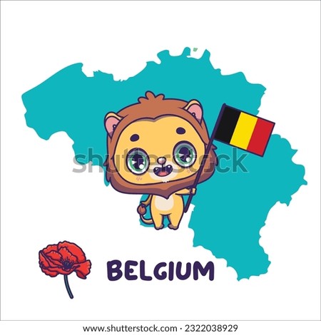 National animal lion holding the flag of Belgium. National flower poppy displayed on bottom left