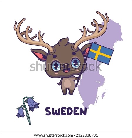 National animal elk holding the flag of Sweden. National flower harebell displayed on bottom left