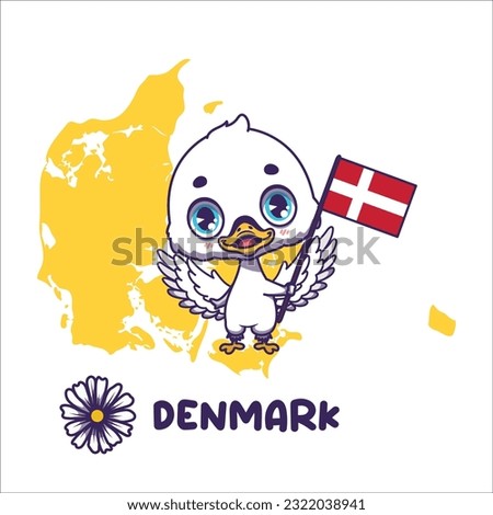 National animal swan holding the flag of Denmark. National flower marguerite daisy displayed on bottom left