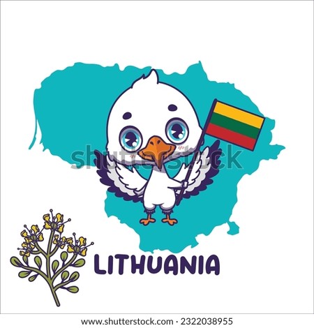 National animal stork holding the flag of Lithuania. National flower rue displayed on bottom left