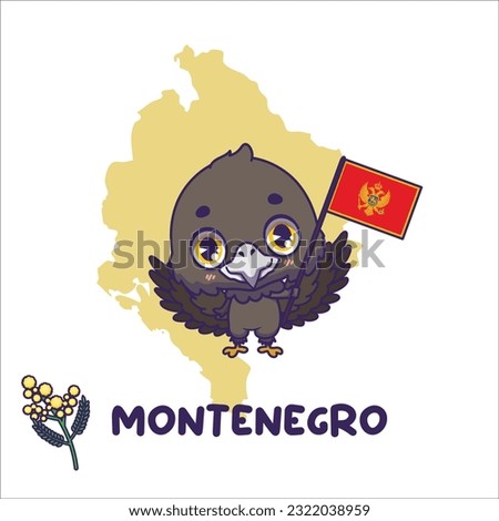 National animal eagle holding the flag of Montenegro. National flower mimosa displayed on bottom left