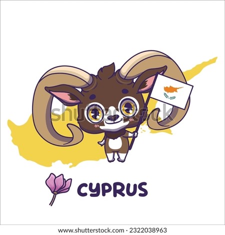 National animal mouflon holding the flag of Cyprus. National flower cyclamen displayed on bottom left