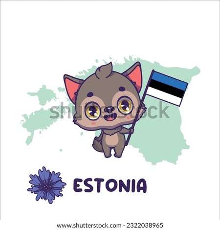 National animal wolf holding the flag of Estonia. National flower cornflower displayed on bottom left