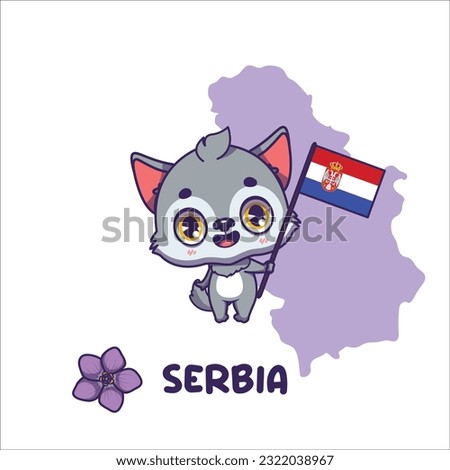 National animal grey wolf holding the flag of Serbia. National flower ramonda serbica displayed on bottom left