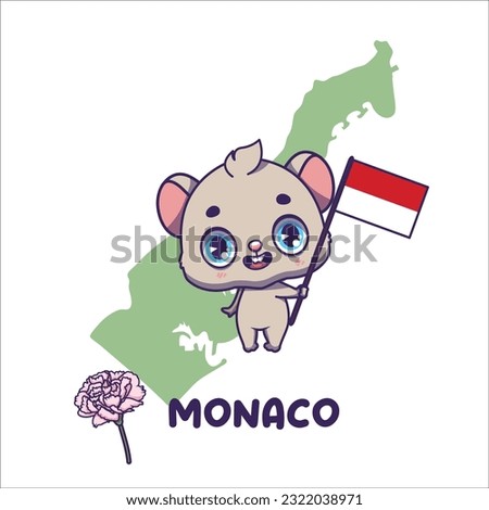 National animal mouse holding the flag of Monaco. National flower carnation displayed on bottom left