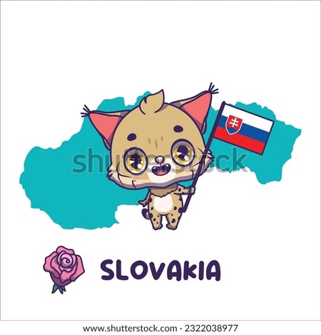 National animal lynx holding the flag of Slovakia. National flower pink rose displayed on bottom left