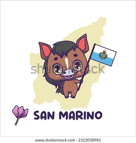 National animal horse holding the flag of San Marino. National flower cyclamen displayed on bottom left