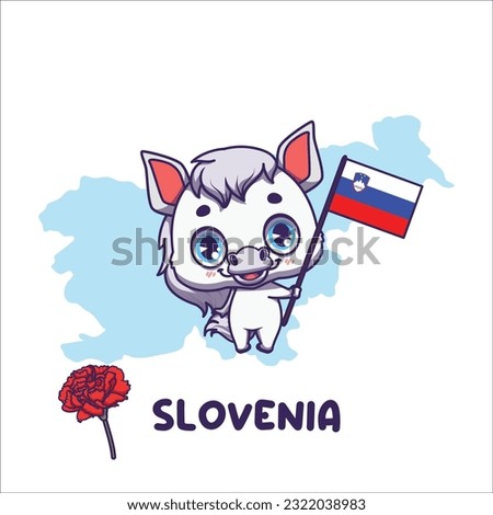 National animal white horse holding the flag of Slovenia. National flower red carnation displayed on bottom left