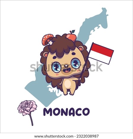 National animal hedgehog holding the flag of Monaco. National flower carnation displayed on bottom left