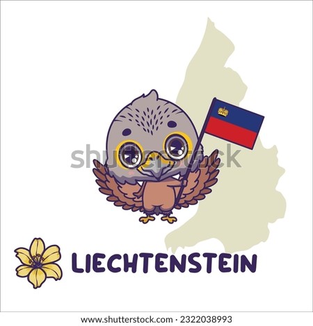 National animal kestrel holding the flag of Liechtenstein. National flower yellow lily displayed on bottom left