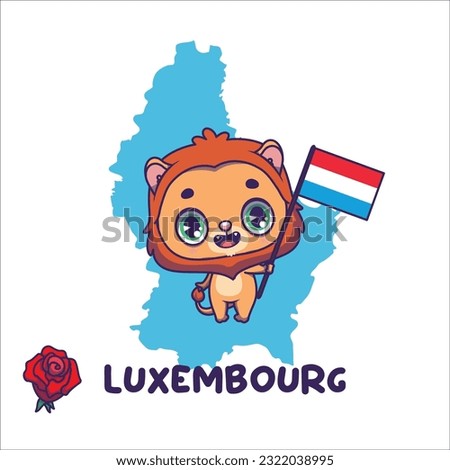 National animal red lion holding the flag of Luxembourg. National flower rose displayed on bottom left