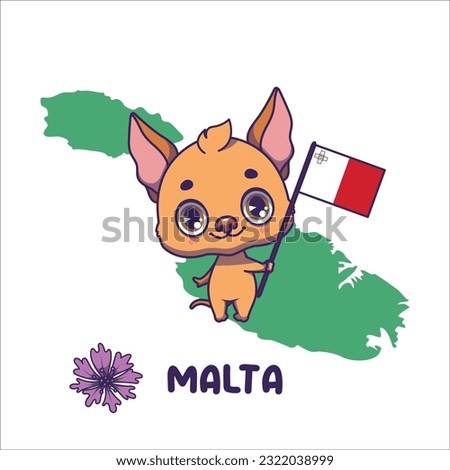 National animal pharaoh hound holding the flag of Malta. National flower centaurea displayed on bottom left