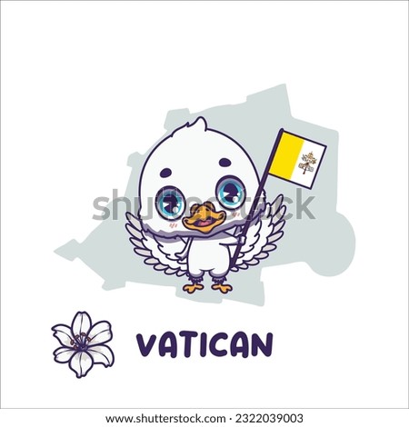 National animal dove holding the flag of Vatican. National flower lily displayed on bottom left