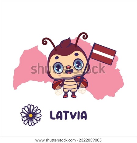 National animal two spot ladybird holding the flag of Latvia. National flower daisy displayed on bottom left