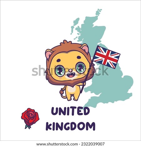 National animal lion holding the flag of United Kingdom. National flower rose displayed on bottom left