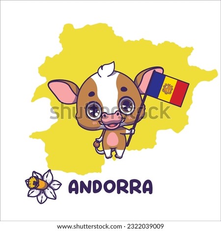 National animal cattle holding the flag of Andorra. National poet's daffodil displayed on bottom left