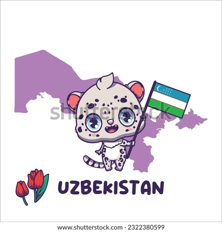 National animal snow leopard holding the flag of Uzbekistan. National flower tulip displayed on bottom left