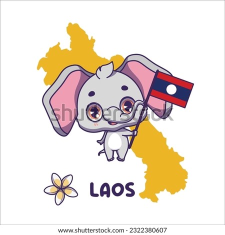 National animal elephant holding the flag of Laos. National flower champa displayed on bottom left