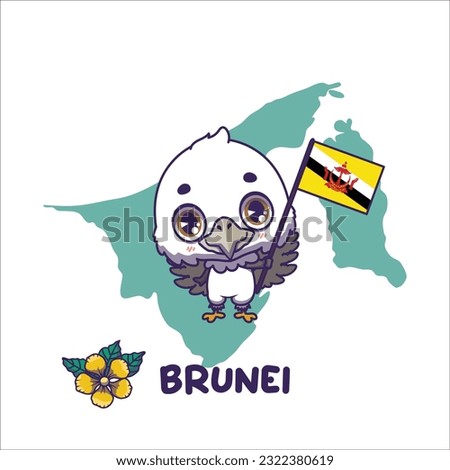 National animal white bellied sea eagle holding the flag of Brunei. National flower simpor displayed on bottom left