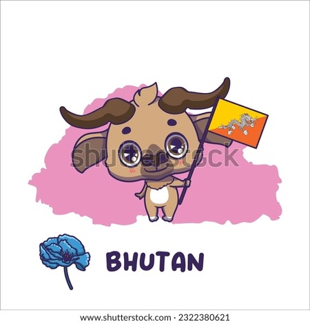 National animal takin holding the flag of Bhutan. National flower blue poppy displayed on bottom left