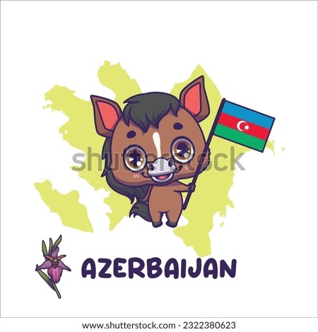 National animal horse holding the flag of Azerbaijan. National flower ophrys caucasica displayed on bottom left