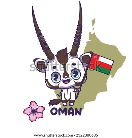 National animal oryx holding the flag of Oman. National flower desert rose displayed on bottom left