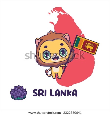 National animal lion holding the flag of Sri Lanka. National flower water lily displayed on bottom left