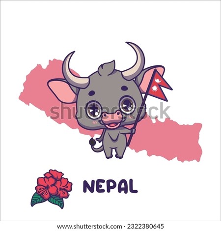 National animal zebu holding the flag of Nepal. National flower rhododendron arboreum displayed on bottom left