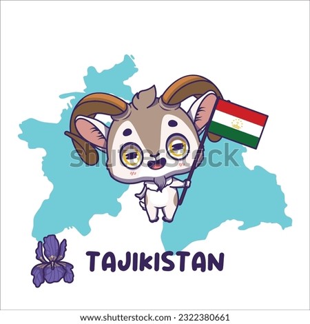 National animal Marco Polo sheep holding the flag of Tajikistan. National flower iris displayed on bottom left