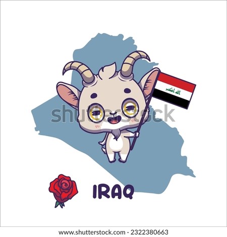 National animal goat holding the flag of Iraq. National flower rose displayed on bottom left