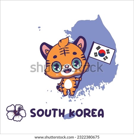 National animal tiger holding the flag of South Korea. National flower hibiscus displayed on bottom left