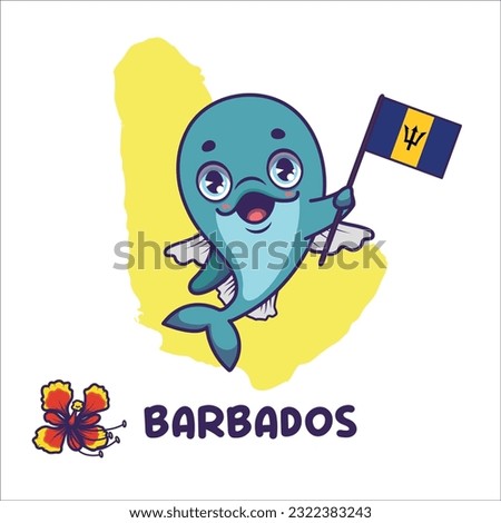 National animal flying fish holding the flag of Barbados. National flower dwarf poinciana displayed on bottom left