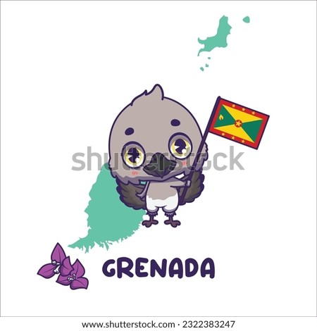 National animal Grenada dove holding the flag of Grenada. National flower bougainvillaea displayed on bottom left