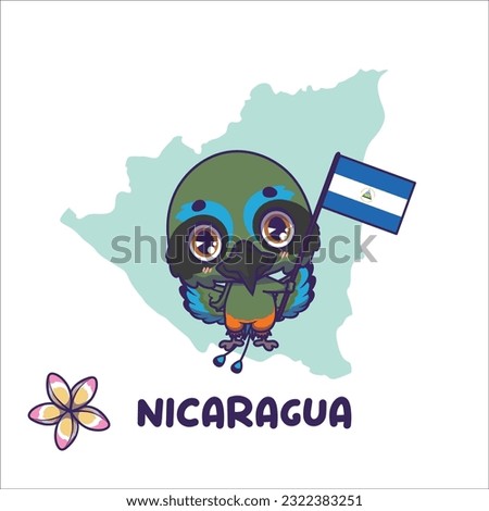 National animal turquoise browed motmot holding the flag of Nicaragua. National flower sacuanjoche displayed on bottom left