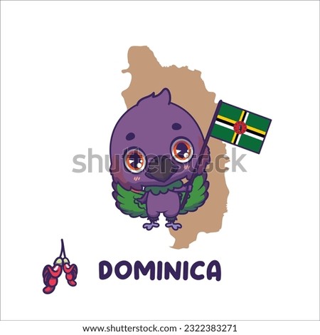 National animal sisserou parrot holding the flag of Dominica. National flower sabinea carinalis displayed on bottom left