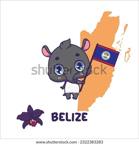 National animal tapir holding the flag of Belize. National flower black orchid displayed on bottom left