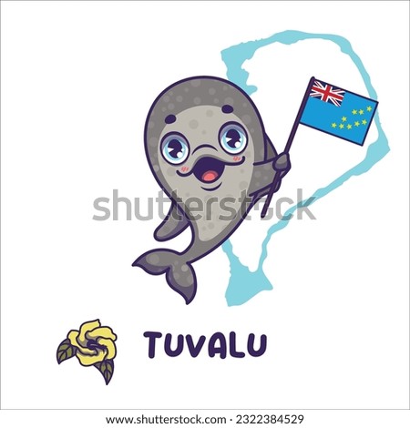 National animal pantropical spotted dolphin holding the flag of Tuvalu. National flower hibiscus displayed on bottom left