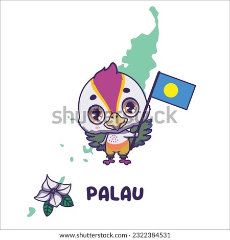 National animal fruit dove holding the flag of Palau. National flower white rock lily (rur) displayed on bottom left