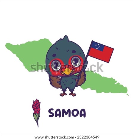 National animal manumea holding the flag of Samoa. National flower teuila torch ginger displayed on bottom left