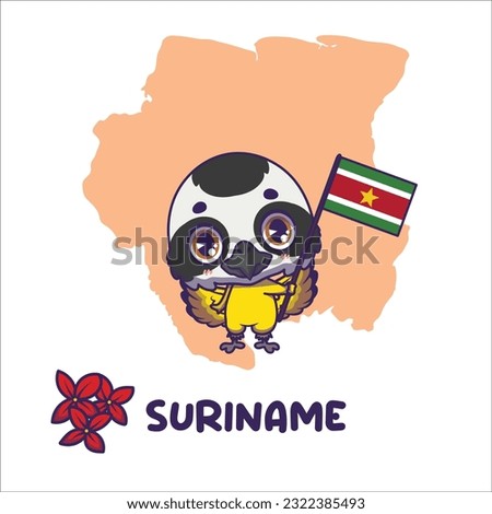 National animal lesser kiskadee holding the flag of Suriname. National flower faya lobi displayed on bottom left