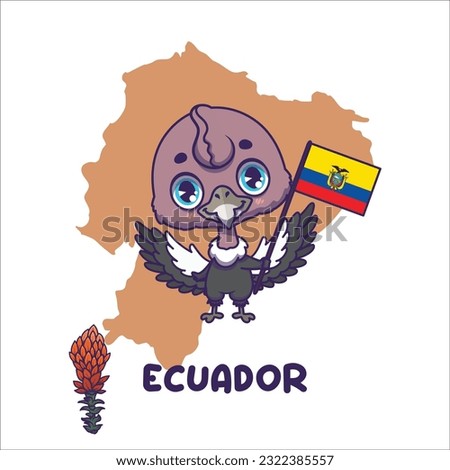 National animal andean condor holding the flag of Ecuador. National flower chuquiraga displayed on bottom left