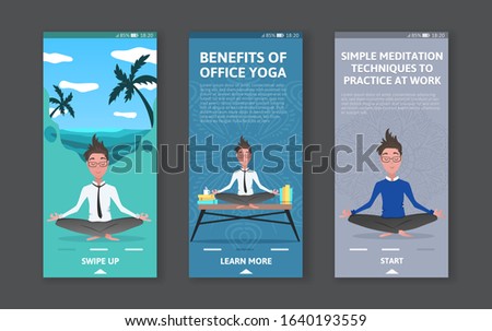 Yoga at job. Businessman relaxing in lotus position, meditation on the beach with palms and sea. Cartoon style man meditation in office for logo vertical banner voucher. Vector flat illustration