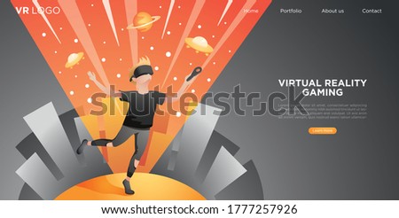 Virtual reality gaming. Man wearing vr headset,  flying in cyberspace and playing video games. Character on dark background. Vector banner for web site, landing page with button and space for text